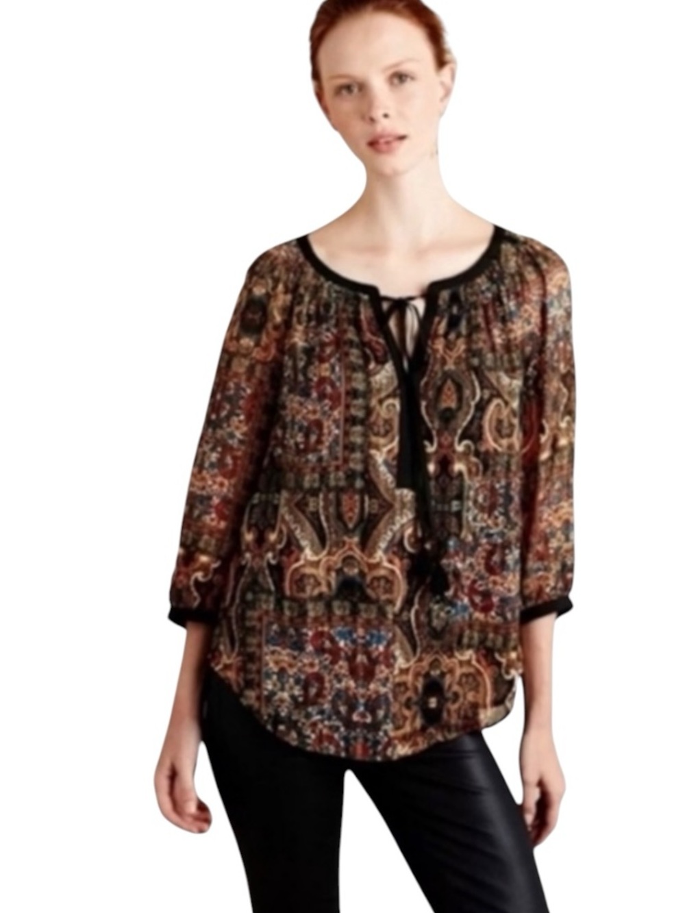 Meadow Rue Anthropologie Brown Metallic Gold Shimmer Marya Boho Paisley Blouse M